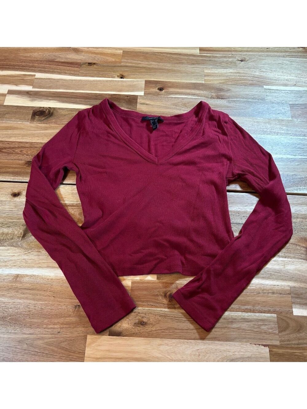 Forever 21 Burgundy Ribbed Long Sleeve Crop Top Women’s Large Y2K Basic